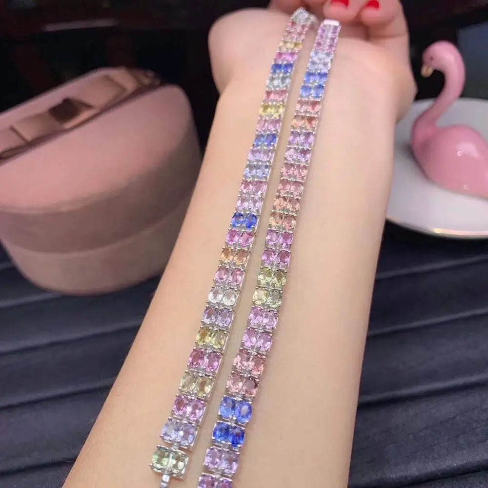 Natural And Real sapphire bangle Bracelet Solid S925 Sterling Silver For Women Color Gem Stone Rings Fine Jewelry