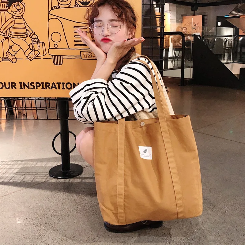Simple Solid Color Small Fresh Canvas Bag Retro Women Shoulder BagLiterary Women Buckle Tote Bag Large Capacity Handbag