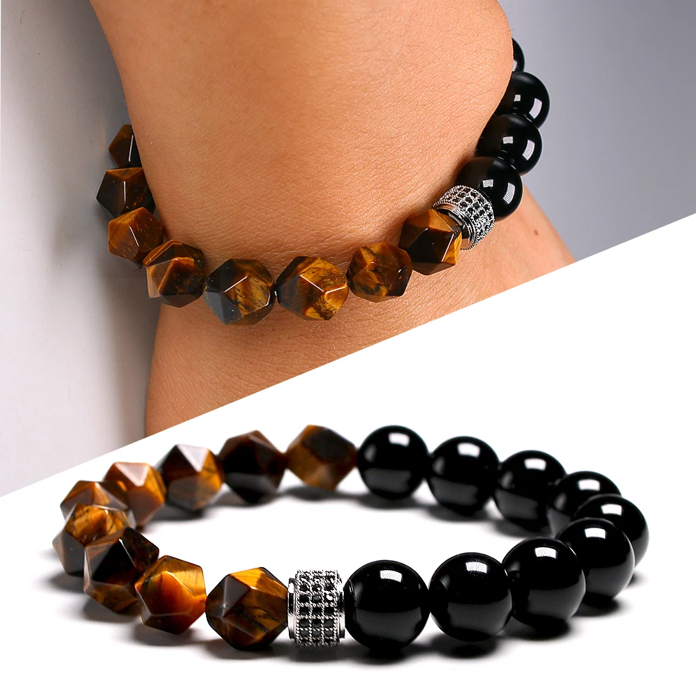 New Men Bracelet  Beads Faceted Natural Tiger's eye Stone Micro Inlaid Charm CZ Bracelets 10MM Men's Gift Dropship