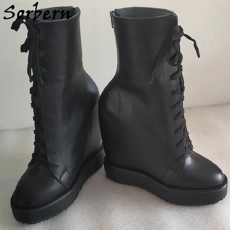 Sorbern Black Cow Real Leather Boots Women Wedges High Heel Sneakers Round Toe Platform 15Cm Plus Size Eu42 Ankle Booties