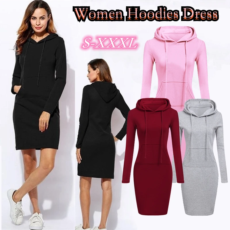 

Casual Fashion Bodycon Women Hoodie Dress Long Sleeve Hoodies Vintage Hooded Jumper Pockets Sweater Autumn Street Elegant Tops