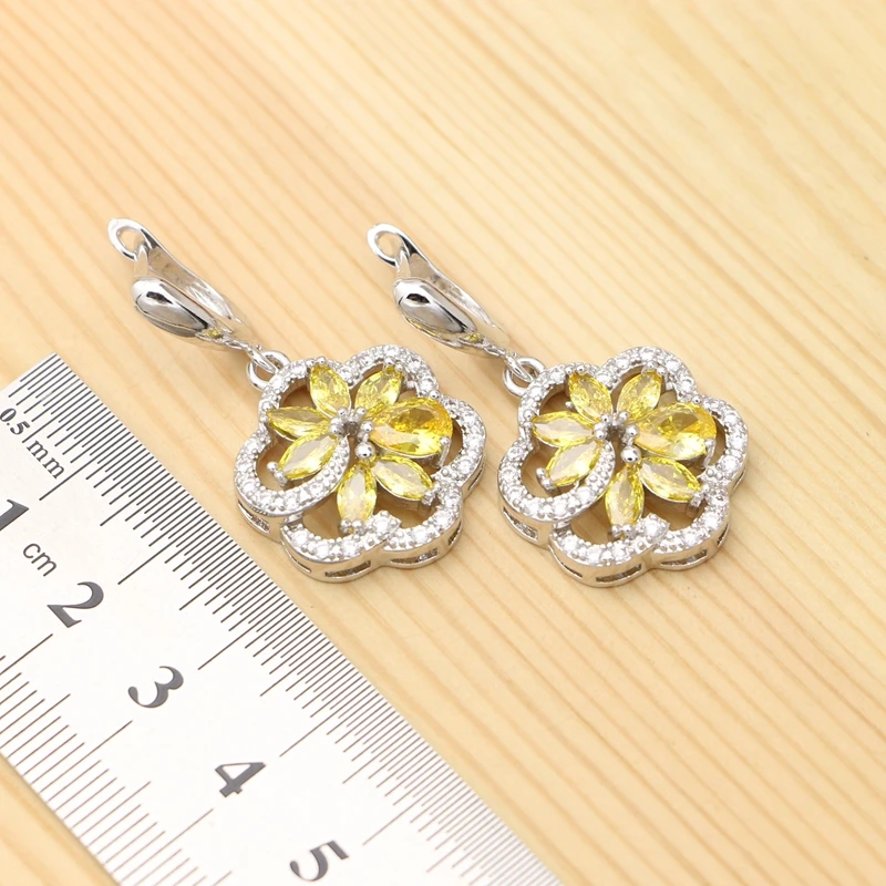 925 Silver Jewelry Sets For Women Wedding Accessories Yellow Cubic Zirconia Flower Shape Earring Pendant Necklace Ring Set