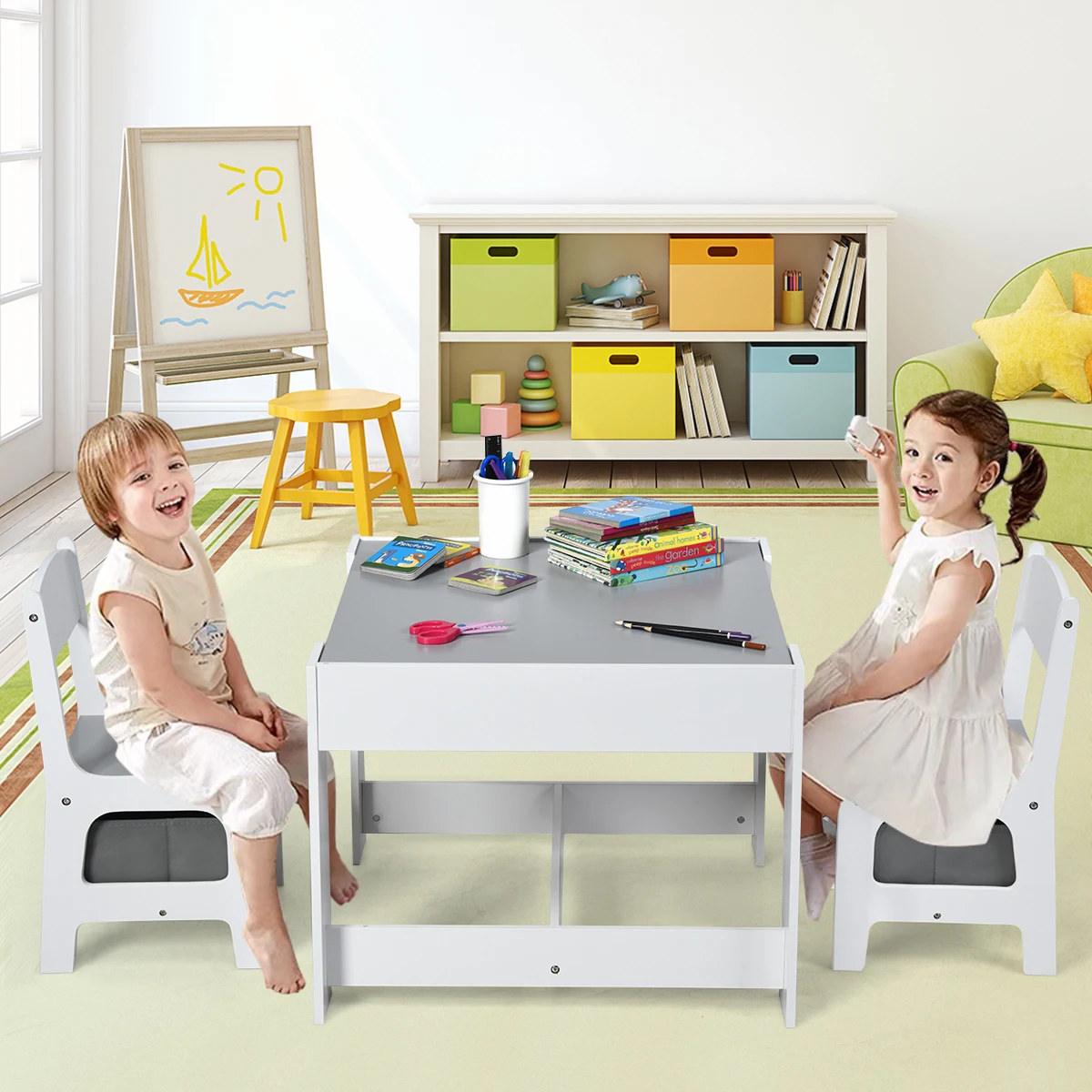 Kids Table Chairs Set W/ Storage Boxes Blackboard Whiteboard Drawing Grey