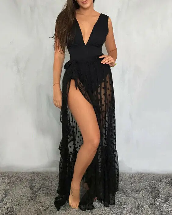 Hot Sexy Split Summer Sheer Sarong Dot Black White Beach Dress Bikini Cover-up Monokini Hawaii Vacation Bikini Wrap Skirt hot