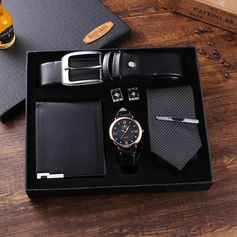 Reloj de pulsera de cuarzo plegable para hombre, conjunto de pulsera con correa de alta calidad, gemelos, corbata, hombre, padre