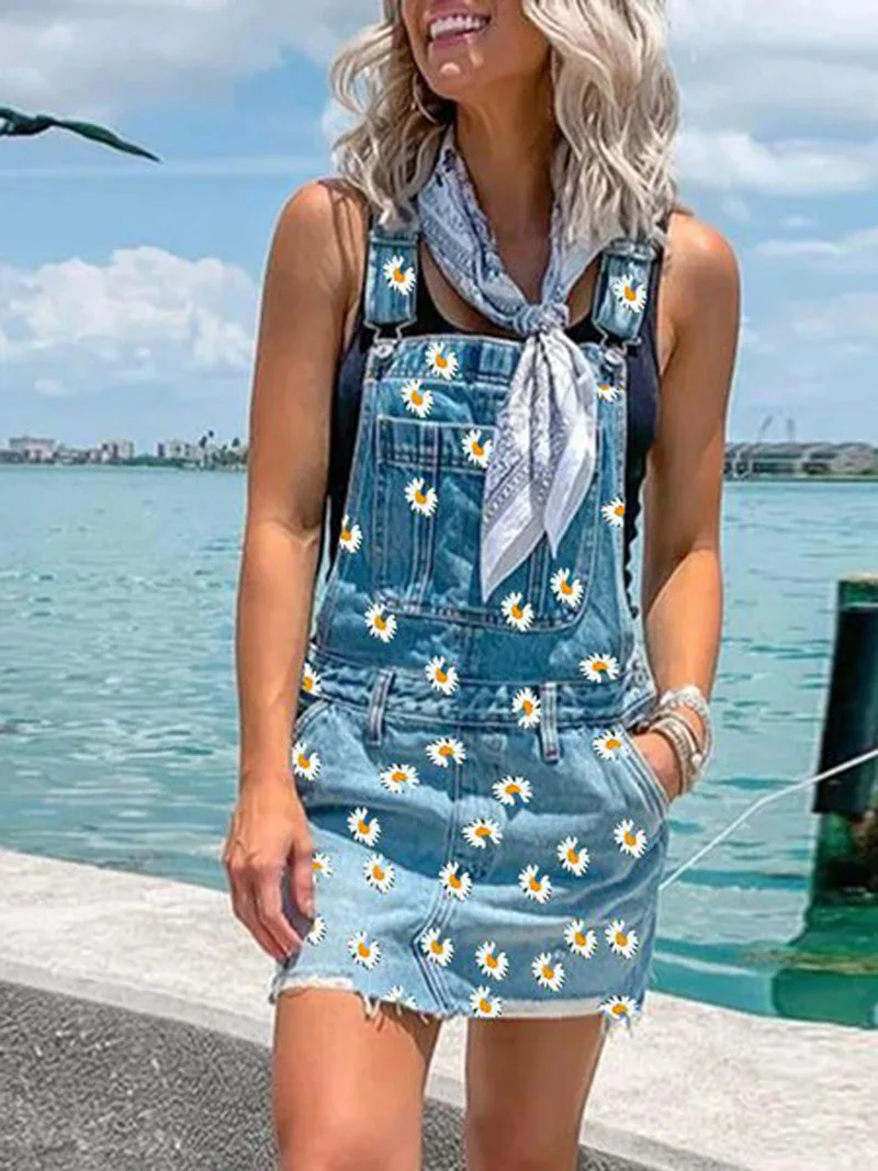 Women Denim Dress Sundress Vintage Flowers Print Sleeveless Overalls Dresses Female Casual Adjustable Strap Cowboy Short Dress