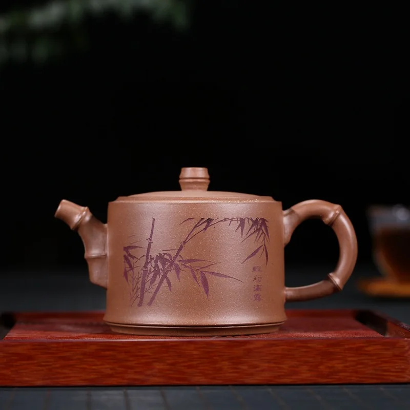 Zisha teapot, qianglipai full manual raw ore section, Niyi bamboo furniture, Kungfu carving and gold depicting suit