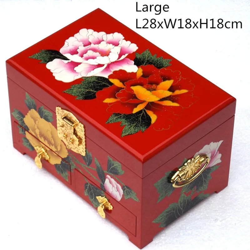 Large 3 Layer Wooden Decorative Jewelry Storage Box Drawer Pull  Chinese Lacquerware Box with Lock Makeup Case Wedding Gift