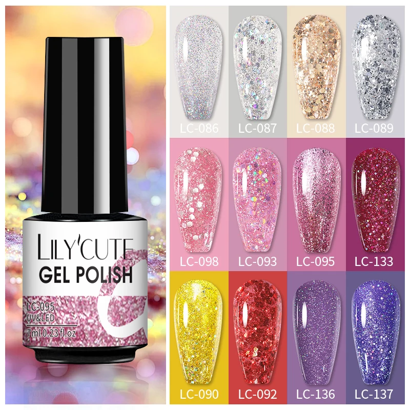 LILYCUTE 7ML Nail Gel Polish Glitter Semi-permanent UV LED Gel Sequins For Manicure Nail Art Design Base Top Coat Gel Varnishes