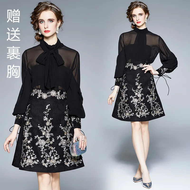 2024 Runway Spring 2 Piece Set Women Sexy See Though Chiffon Bowknot Shirt + Luxury Beaded Flowers Embroidery A Line Skirt Suits