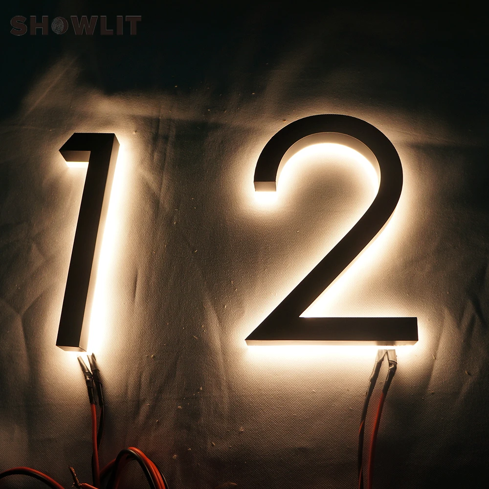 House Number Outdoor Custom 12'' Height Acrylic Backlit House Numbers Black Metal Numbers