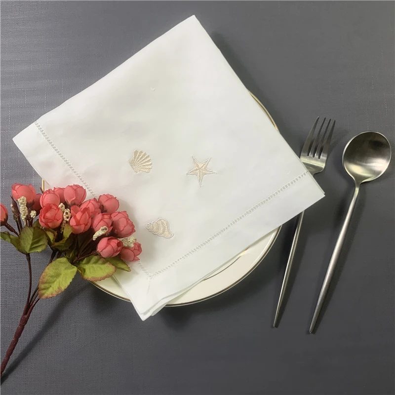 Set of 12 Handkerchiefs white Hemstitched linen Table Napkins/ Placemats/Towels Embroidered Neptune/Conch/shell/3 Specifications