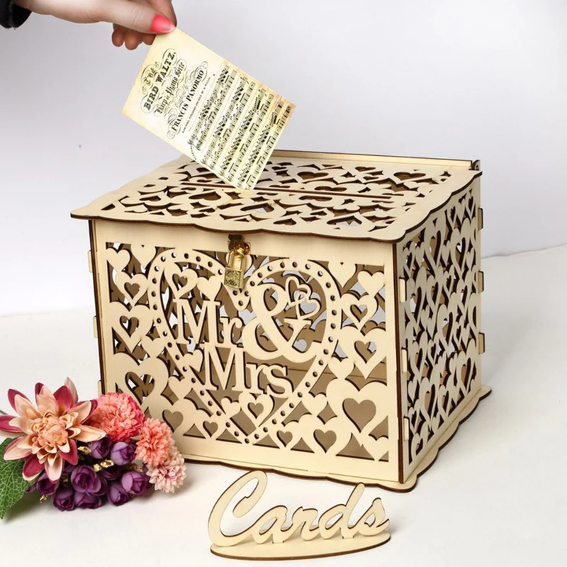 Wedding Card Boxes Wooden Box Wedding Decoration Supplies DIY Couple Deer Bird Flower Pattern Grid Invitation Gift Business Card