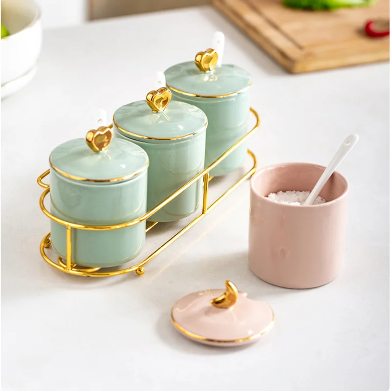 

European Style Seasoning Jar Kitchen Ceramic Pot Combination 3-piece Set Seasoning Integrated Household Moisture-proof Salt Jar