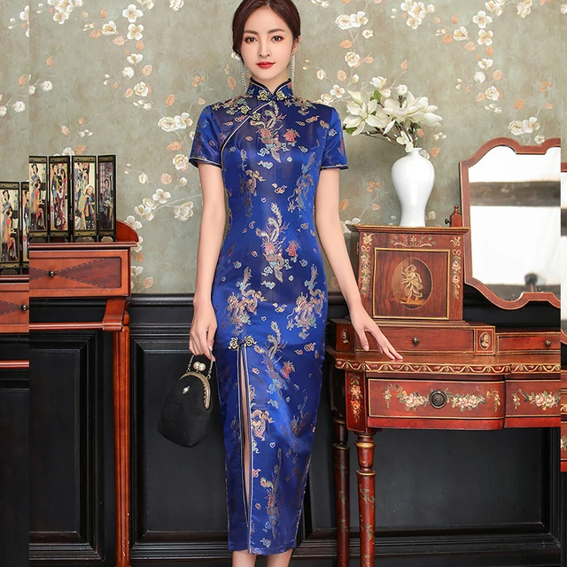 Sexy New Brocade Satin Long Fork Cheongsam Chinese Classic Women s Qipao Elegant Short Sleeve Novelty Wedding Evening Dress 4xl Cheongsams AliExpress
