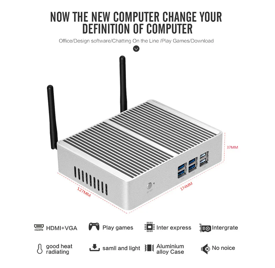 Fanless Mini PC Compatible with Windows7/10 Linux Intel Core i5-4200U i7-4500U Industrial PC 8x USB Ports HDMI+VGA Support WiFi