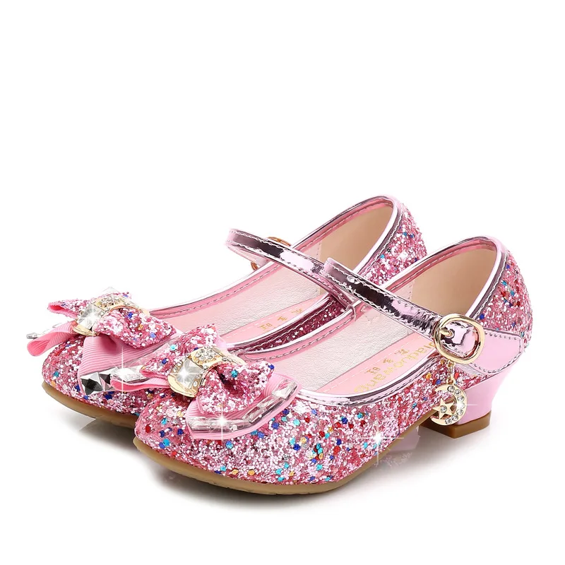 

New Princess Kids Leather Shoes for Girls Flower Casual Glitter Children High Heel Girls Shoes Butterfly Knot Blue Pink Silver