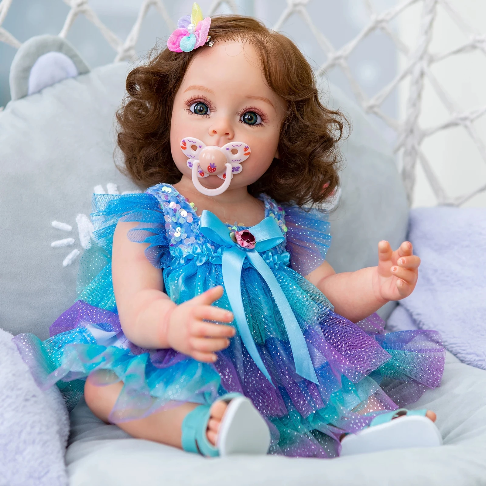 

New 55CM FUll Body Silicone Reborn Toddler Girl Princess Sue-Sue Hand-detailed Painting Rooted Brown Hair Waterproof Toy Bebe