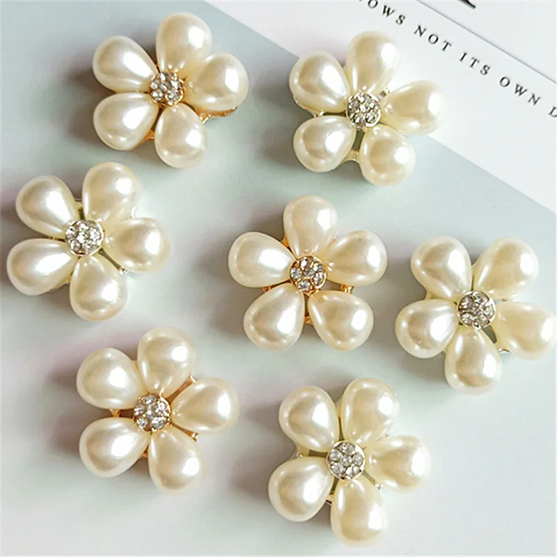 10pcs/lot 24mm*24mm Christmas Rhinestone Pearls Flower Buttons for Wedding Decoration Metal Brooch Hair Bow DIY Jewelry Craft