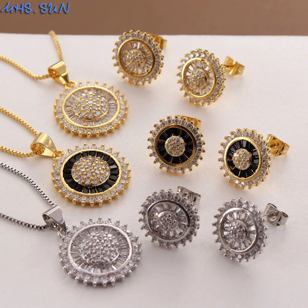 MHS.SUN Newest Round Zircon Pendant Necklace Earrings For Women Jewelry Set Gold/Silver Color Chain Crystal Necklace For Party