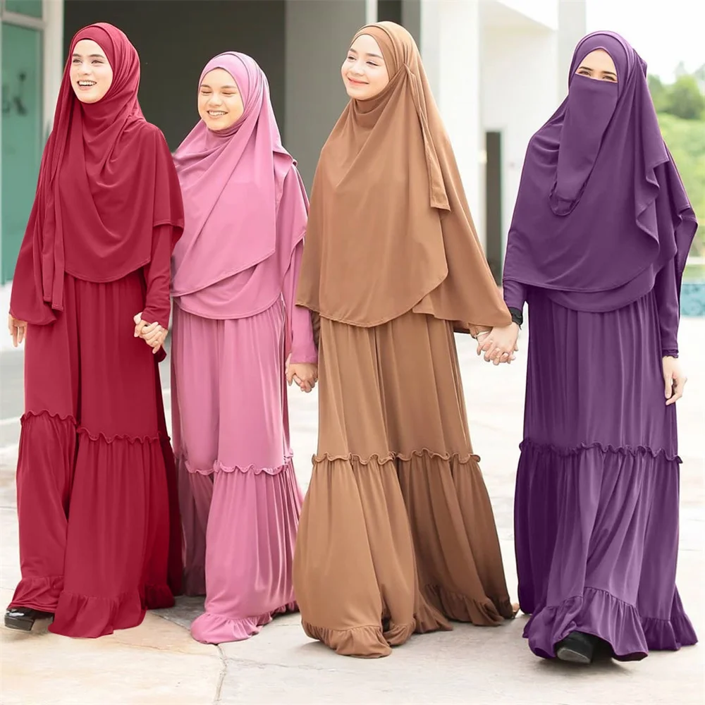 Muslim Long Khimar Abaya Dress Malaysia Turkey Islamic Worship Robe Hijab Headscarf Ethnic Dubai Arabic Clothes New 2 Piece Set