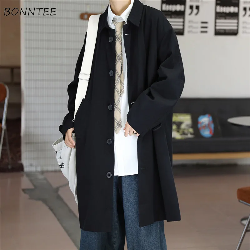 

Простые мужские однобортные длинные пальто с отложным воротником в стиле Харадзюку, весенняя универсальная повседневная верхняя одежда, свободные уличные куртки