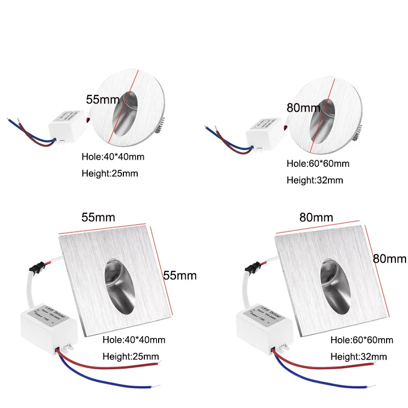 Recessed Led Stair Light Round Square 1w/3w Wall Corner Lamp In Step for Concrete Stairway Night Spotlight AC85-265V