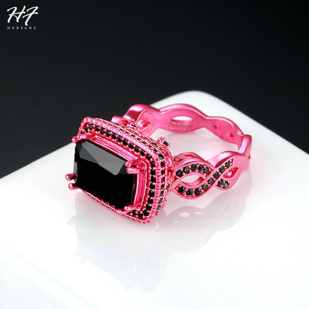 New Luxury Fashion Square Black Cubic Zirconia Pink Gold Color Ring Cocktail Rings For Women Punk Hippie Fashion Jewelry DD041