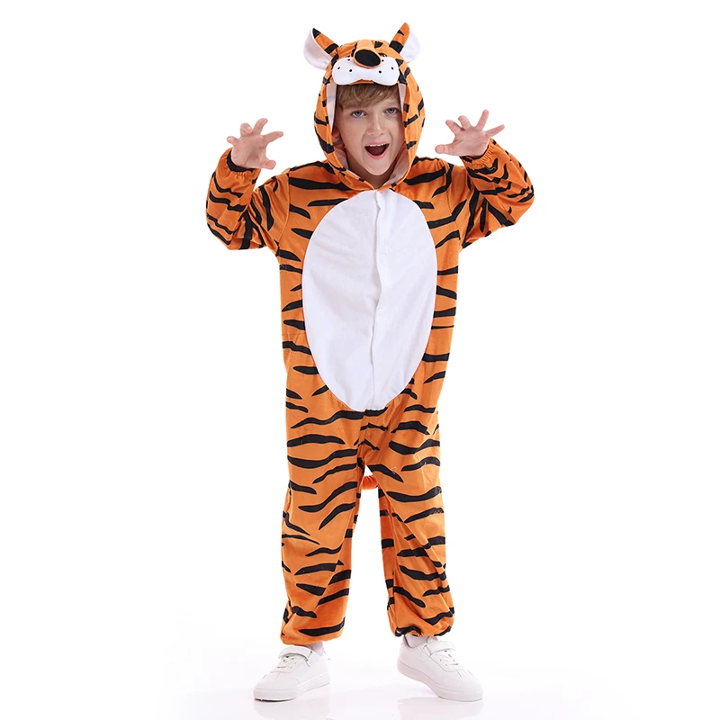 Kigurumi Tiger ชุดนอน Unisex เด็กฮาโลวีนคอสเพลย์เครื่องแต่งกายเด็กหญิง Hooded Onesie Jumpsuit Plush ฤดูหนาวชุดนอน