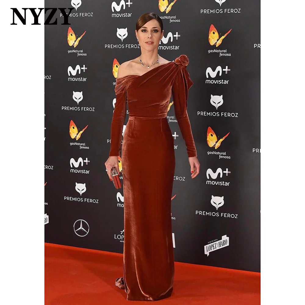 

E370 NYZY Mermaid Long Sleeves Red Carpet Celebrity Velvet Evening Dresses Long 2021 Party Prom Dress Evening Gowns