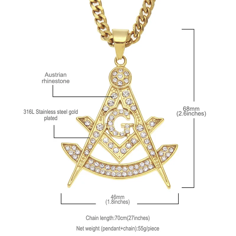 Hip Hop Bling Iced Out Rhinestones Stainless Steel Masonic Freemasonry Pendant Necklace for Men Rapper Jewelry