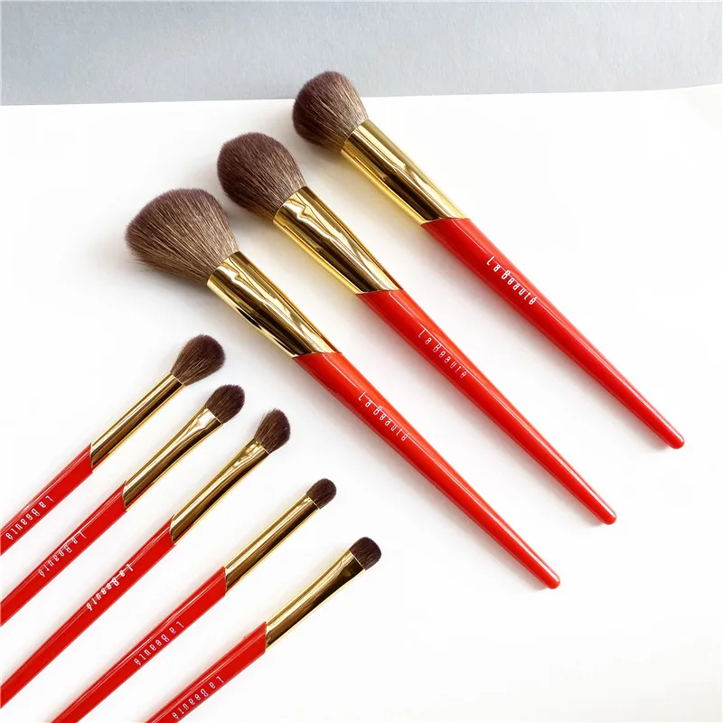 La Beaute Chinese-Red Brush Set - Saihoko Goat Hair 8-Brushes Face & Eye Kit