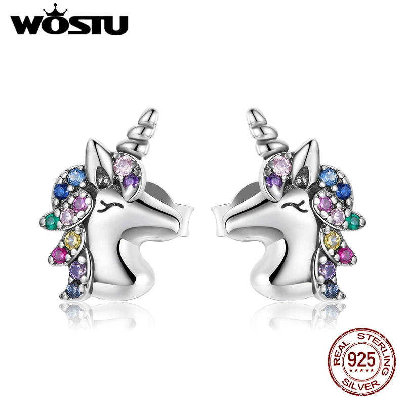 WOSTU 925 Sterling Silver Colorful Horse Stud Earrings Rainbow Animal Unicorn Earrings For Women Fashion Silver Jewelry CTE496