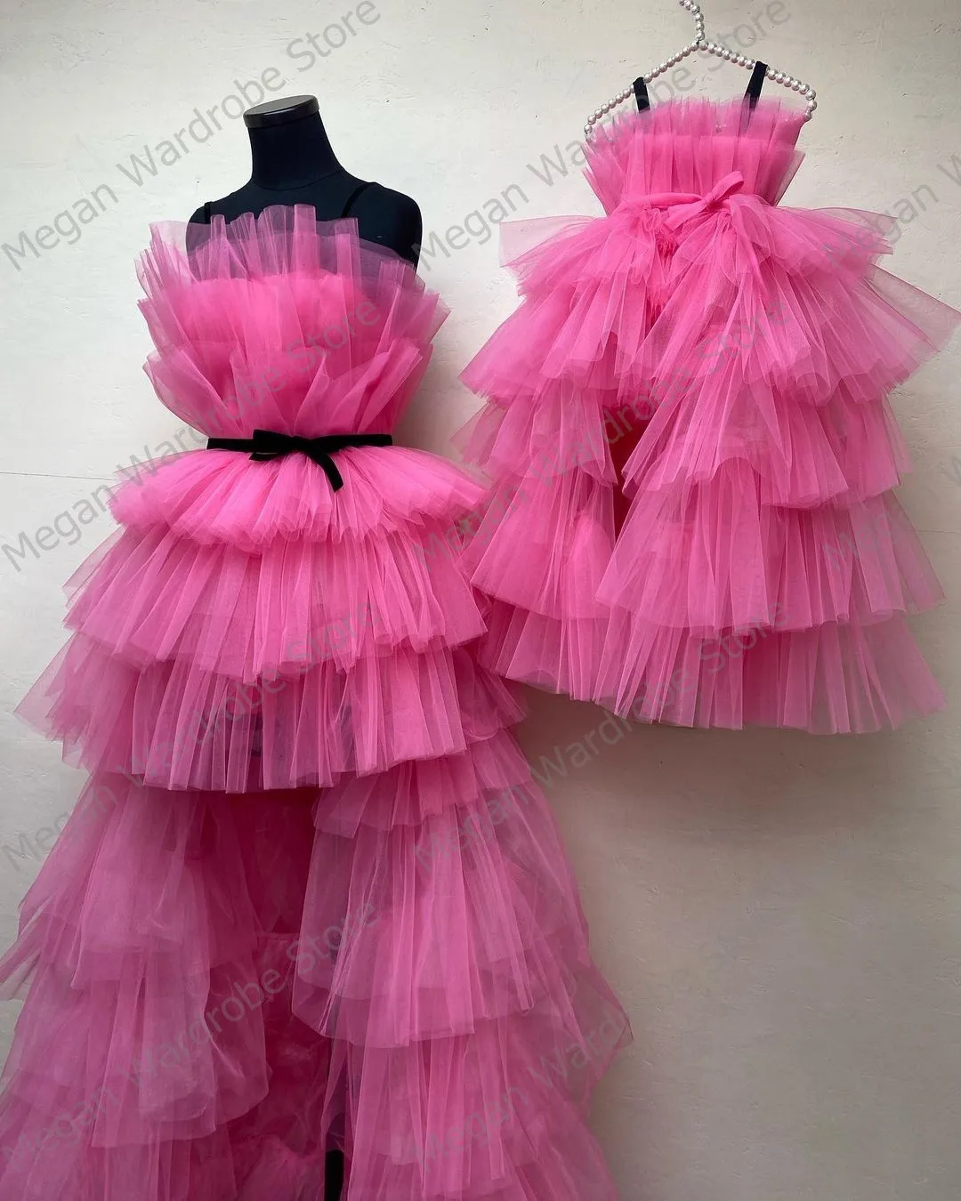 Hot Roze Tiered Verstoorde Hi Low Tulle Jurken Voor Moeder En Dochter Verjaardagsfeestje Slijtage Lace-Up Back Lange jurk Echte Beelden