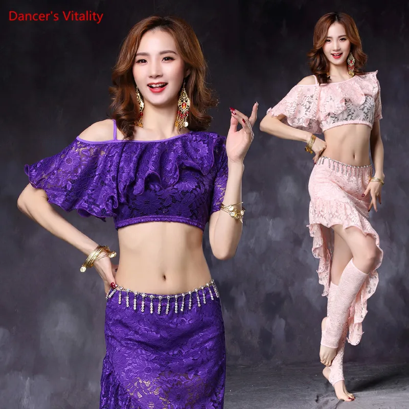 Women 2-Piece sexy Belly Dance Costume Lace Top + Short Skirt Belly Dancer Performance Practice costume