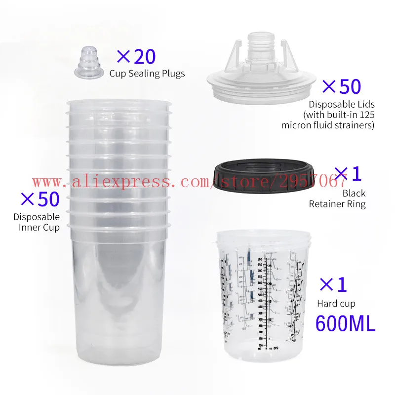 50pcs Spray Gun Paint System  Disposable measuring cups Lids and Liners No Cleaning Paint Mixing Cup with 125 Micron Filters