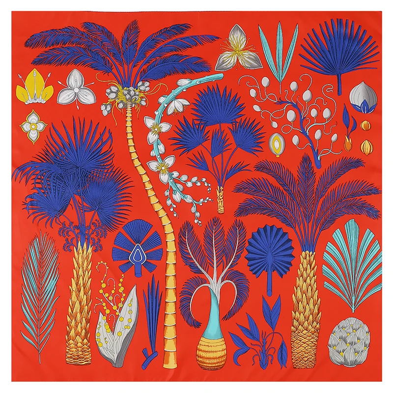 Luksusowa apaszka jedwabna o wymiarach 130 cm z wzorem palmy cykady sagowca, tkana na diagonal, damska bandanka, modny dodatek dla kobiet.