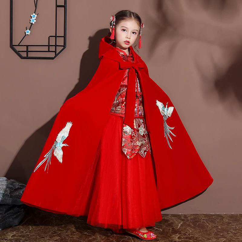 

Girl's Hanfu Cape winter new Embroidery Long Cloak Chinese Children Ancient Mantle Kids New Year's Wear Keep Warm Christmas