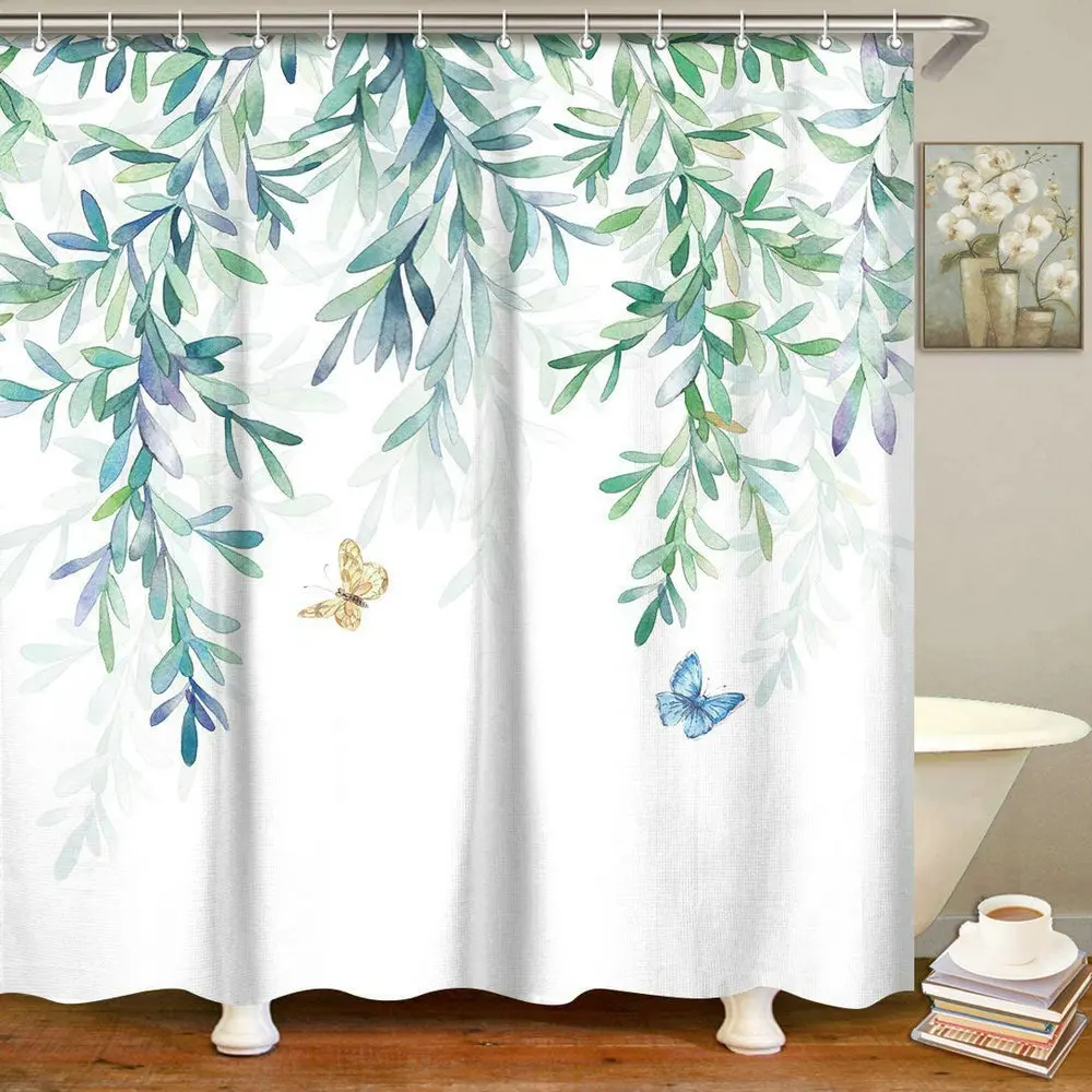 Leaf Shower Curtain Plant Botanical Butterfly Watercolor Nature Eucalyptus Green Leaves Bathroom Waterproof Screen With Hooks