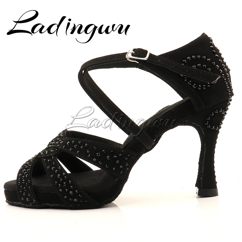 Ladingwu Black Rhinestone Dance Shoes Latin Dance Shoes Black Suede Salsa Dance Shoes Internally Increased Platform Shoes