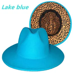 Lake blue fedora hat inner leopard print new Panama felt hat men and women jazz hat fedora hat blue female шапка женская