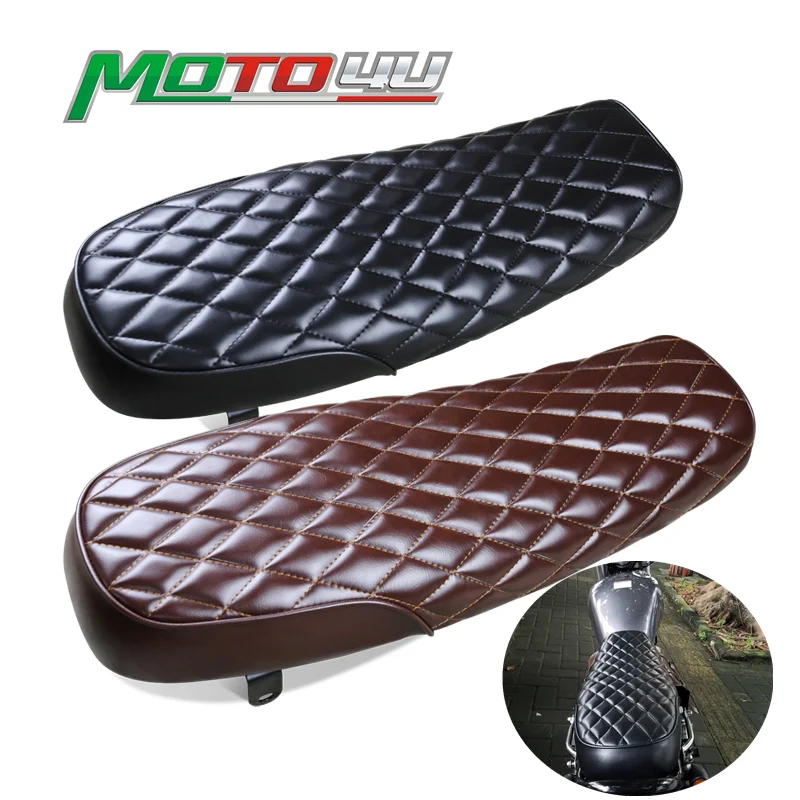 Retro Seat 64CM Universal Motorcycle PU Leather Modified Cushion Cafe Racer Vintage Gel Flat Cushion Seat Saddle Diamond lattice