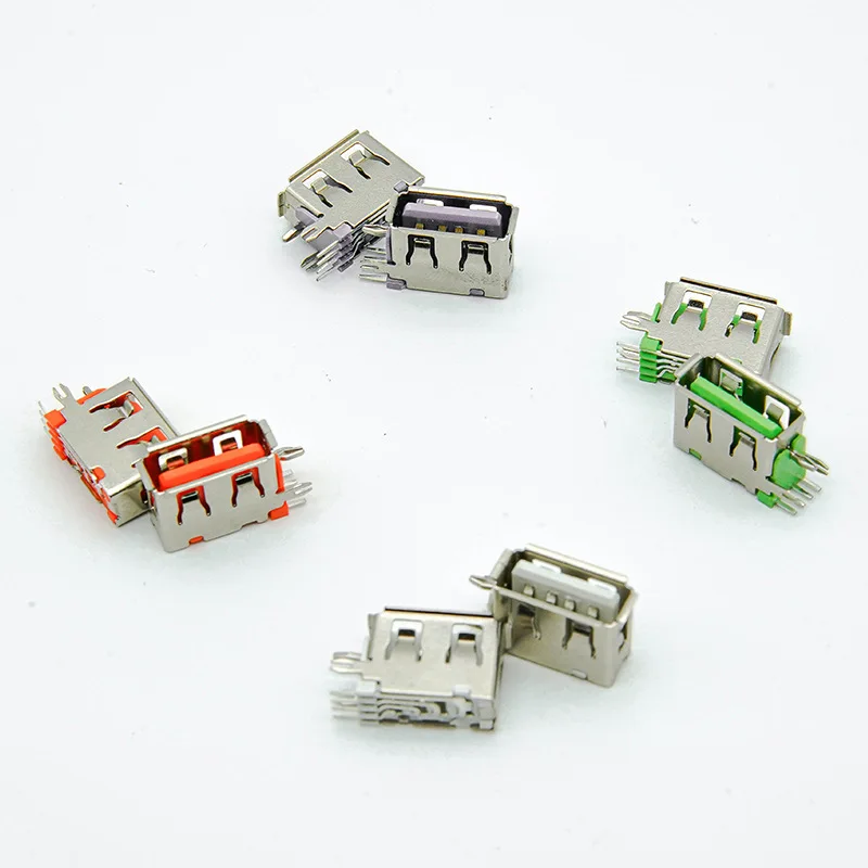 Гнездовой разъем USB Type-A для монтажа на печатную плату, вертикальный разъем USB A, плоский разъем 90 градусов, случайный цвет, 10 шт.
