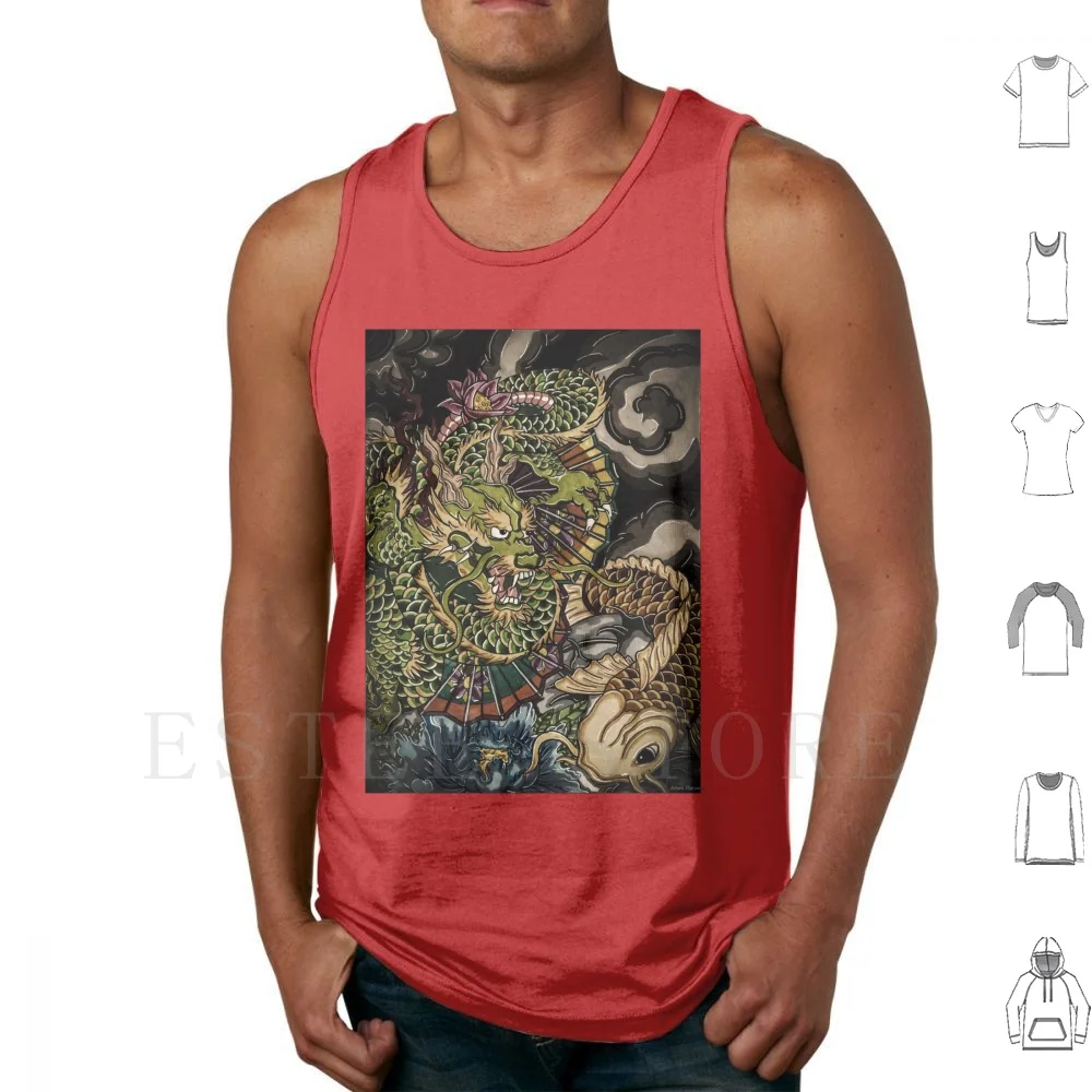 Japanese Dragon And Koi Fish Tank Tops Vest Sleeveless Color Artwork Watercolor Ink Myart Markers Graphic Paintings