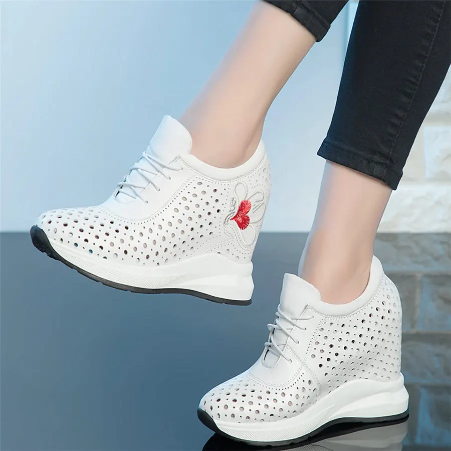 Platform Pumps Shoes Women Hollow Cow Leather Wedges High Heel Ankle Boots Female Summer Round Toe Fashion Sneakers Casual Shoes