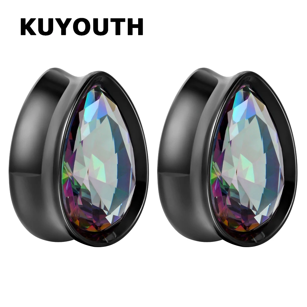 KUYOUTH High Quality Stainless Steel Water Drop Zircon Ear Piercing Tunnels Expanders Body Jewelry Earring Plugs Stretchers 2PCS