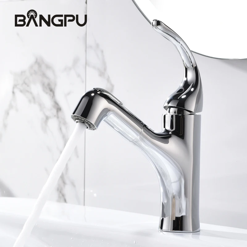 BANGPU Bathroom Pull Out Faucet 2 Function Sink Faucet  Single handle Bathroom Spout Stream Sprayer Nozzle Deck Mounted Chrome