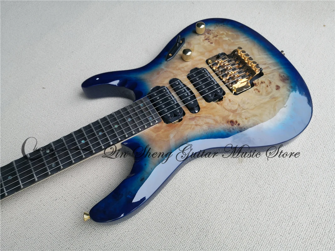 Blue Guitar, Golden Tremolo Bridge, Brul Maple Top Solid Wood Body, Rosewood