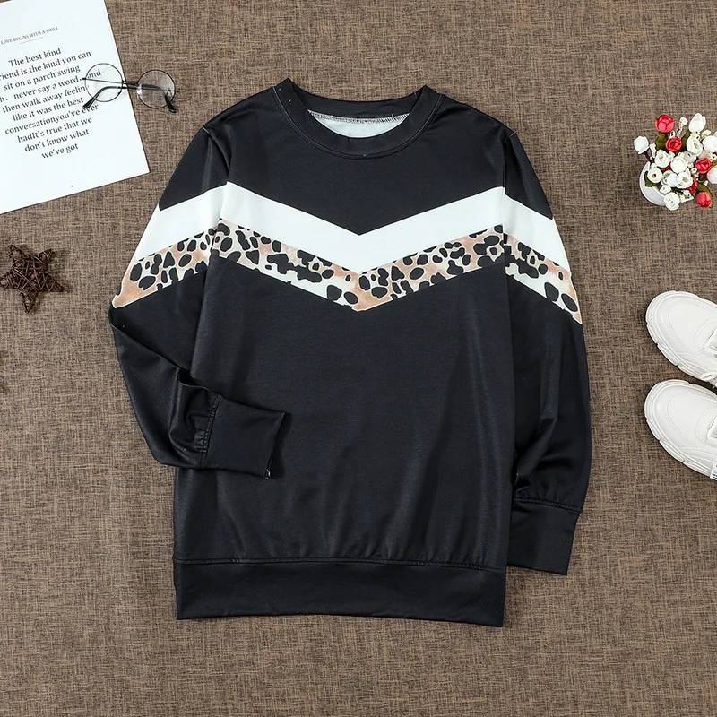 Sweater for Women Autumn and Winter New Leopard Print Contrast Color round Neck Long Sleeve Casual Top Women