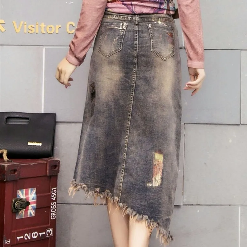 Vintage Printed Irregular Tassel Denim Skirts Womens Elegant Office Party Diamond Midi Skirt Autumn Harajuku Jupe Femme S-XXL